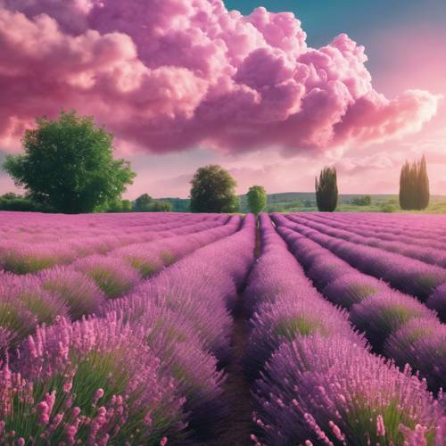 Formasi awan merah muda di atas ladang lavender berbunga.