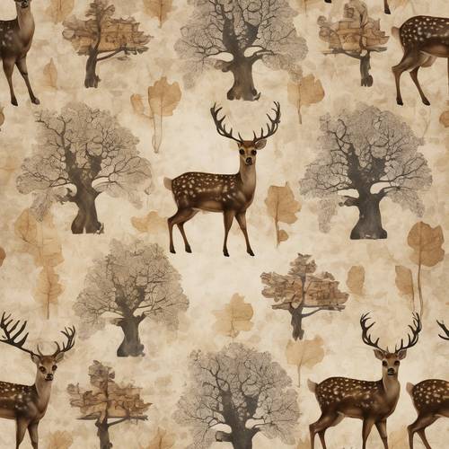 An elegant pattern consisting of dappled deer and squirrels set against an aged parchment background embellished with oak tree leaves, reflecting the cottagecore aesthetic.