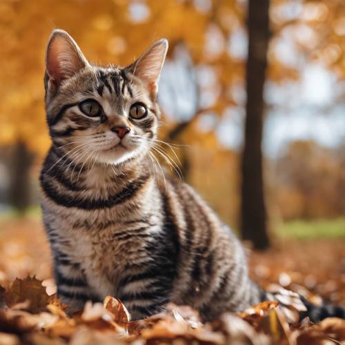 قطة أمريكية قصيرة الشعر ذات لون بني كلاسيكي تائهة في أحلام اليقظة، مشغولة بمشاهدة عالم مليء بأشجار القيقب القوية التي ترقص مع رياح الخريف.