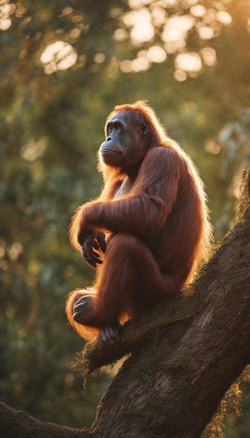 Un vieil orang-outan sage assis contemplativement sur la cime d’un arbre, baigné dans la lueur dorée du coucher du soleil.