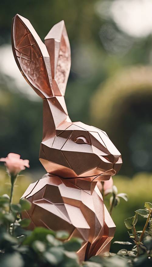 Une sculpture de lapin géométrique en or rose se tenant dans un jardin verdoyant.