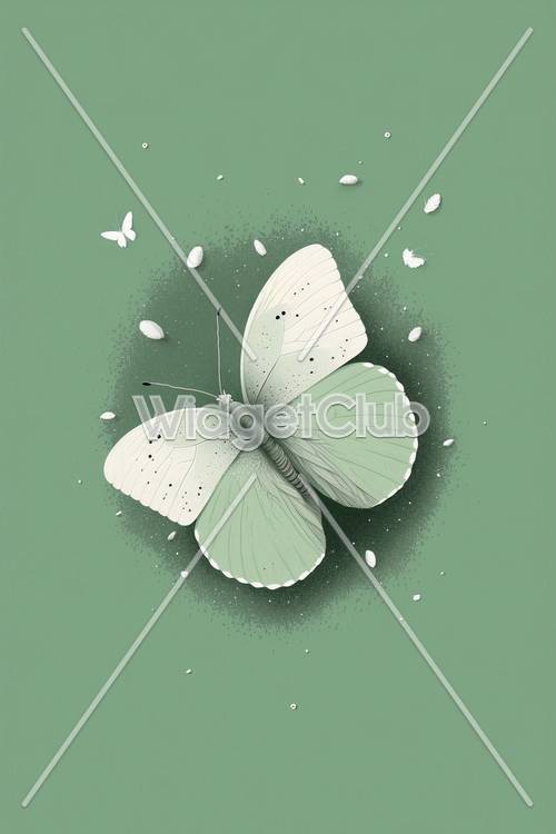 Mariposa verde con fondo de pétalos blancos.