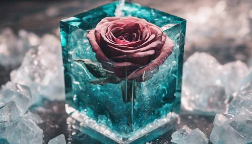 Uma rosa azul-petróleo congelada no tempo, envolta em um bloco de gelo cristalino.