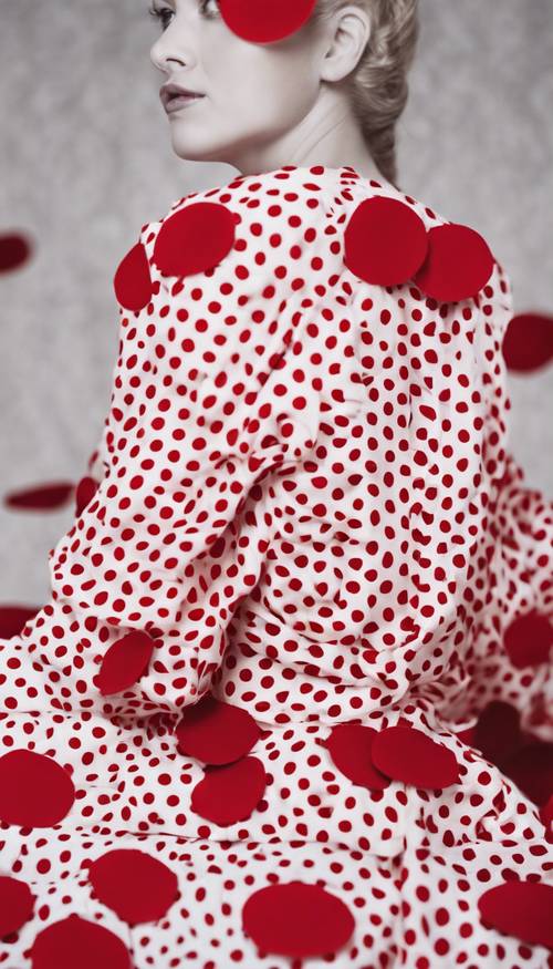 Red polka dots patterned orderly on a crisp white dress.