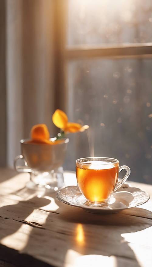 窓から差し込む太陽の光で白い木製テーブルの上のオレンジティーカップ２つ