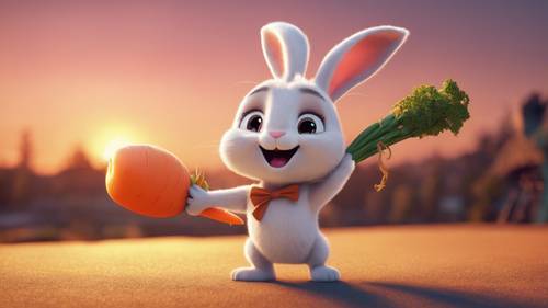 Un dulce personaje de dibujos animados de conejito sosteniendo una zanahoria grande con un telón de fondo de puesta de sol.