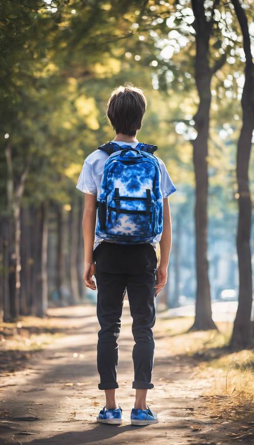 Um jovem adolescente ostentando uma mochila tie-dye azul.