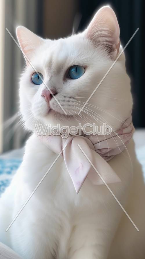 Blue-Eyed White Cat with Pink Scarf
