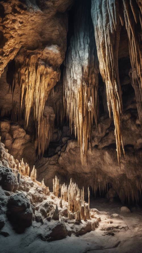 A breathtaking panoramic view of an enormous, eerie cave full of stalagmites and stalactites. Tapet [3587bd74891147d08403]