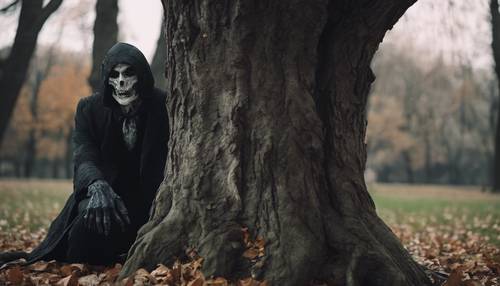 A ghoul peering out from behind an old tree in a dark deserted park on Halloween.