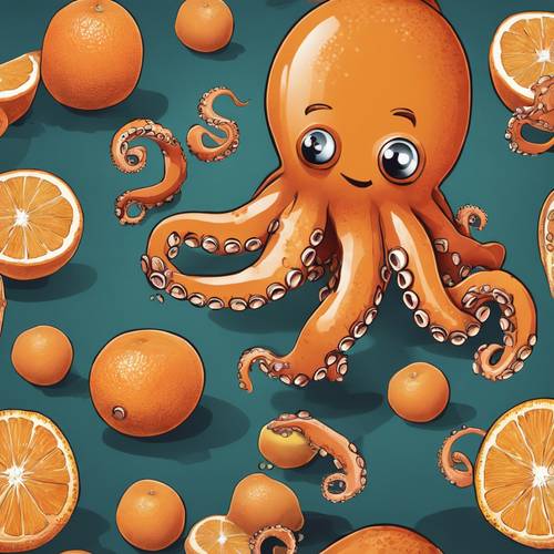 Humorous illustration of a cute orange octopus struggling to juggle eight oranges.