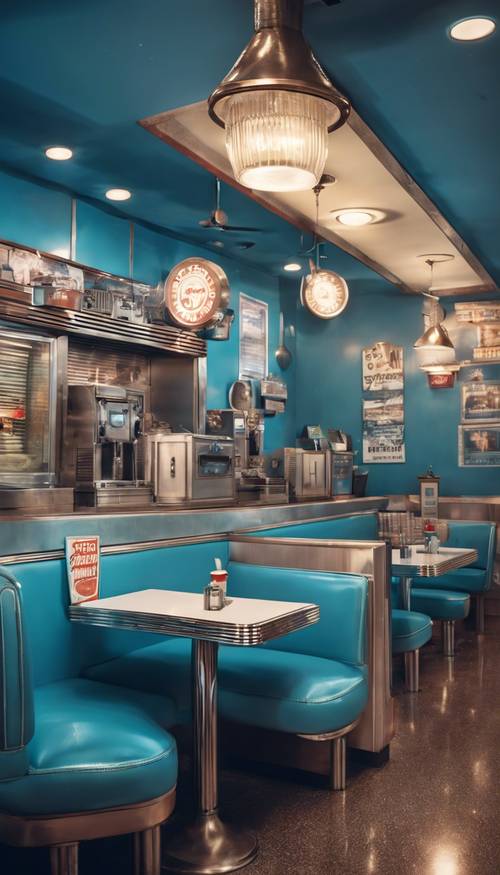 Синий интерьер закусочной в стиле ретро со старинными плакатами и музыкальным автоматом.