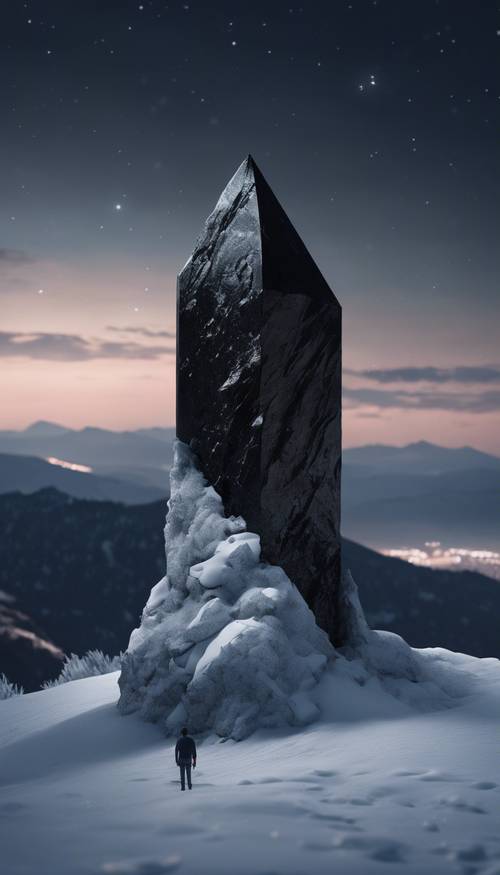 Гигантский черный кристалл, одиноко стоящий на вершине заснеженной горы под лунным светом.