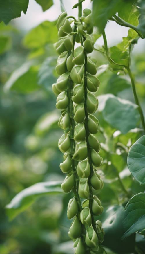 A bean vine, laden with fresh green pods, growing in a vegetable garden. Tapet [2fc3a3d2e0cb49c9aa30]