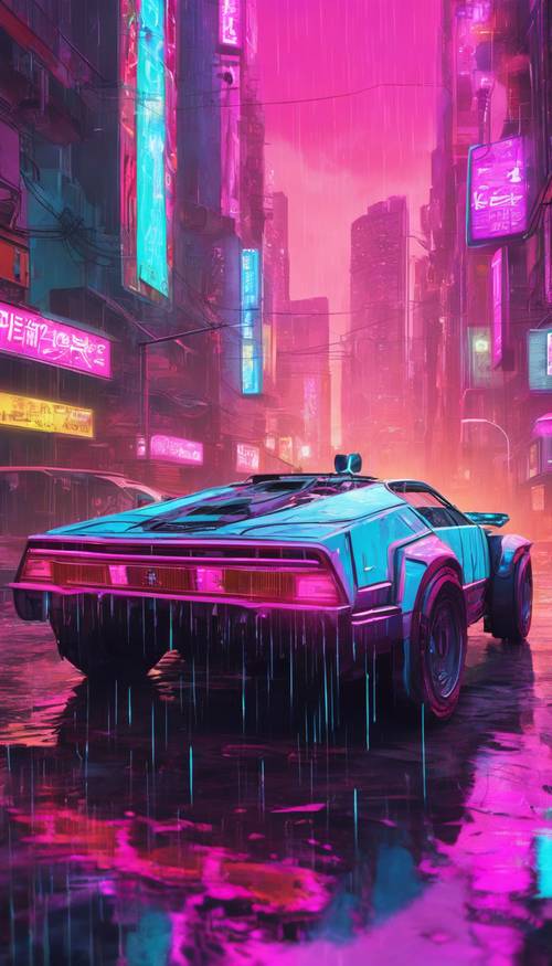Futurystyczny samochód w stylu cyberpunk, mknący przez zalane deszczem miasto.