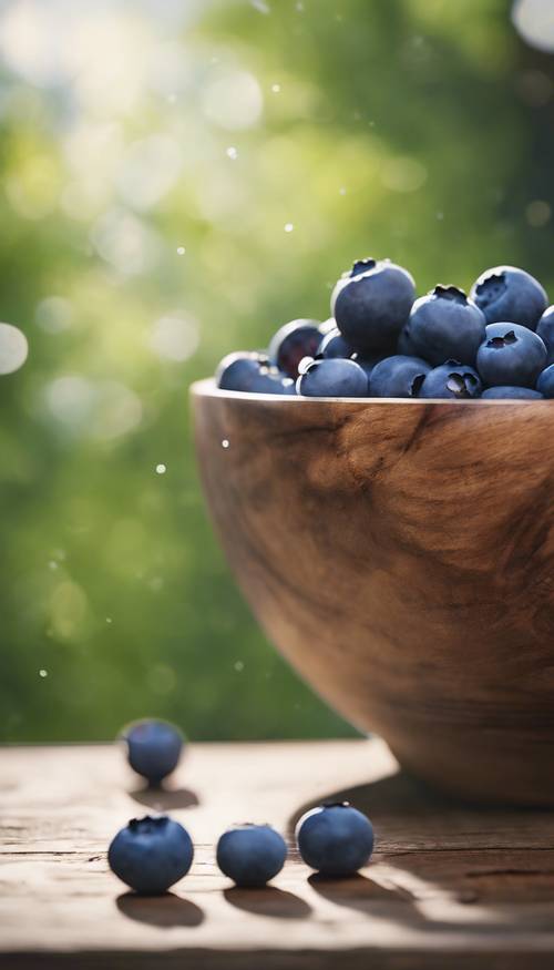 A handful of ripe blueberries falling into a wooden bowl.