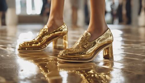 Gold painted modern shoes on a catwalk model. Tapeta [43d050f64f1b463e9df1]