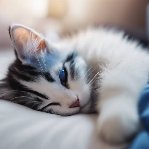 Seekor anak kucing yang mengantuk, dengan bulu lembut berwarna biru royal, bersandar dengan nyaman di tempat tidur putih empuk.