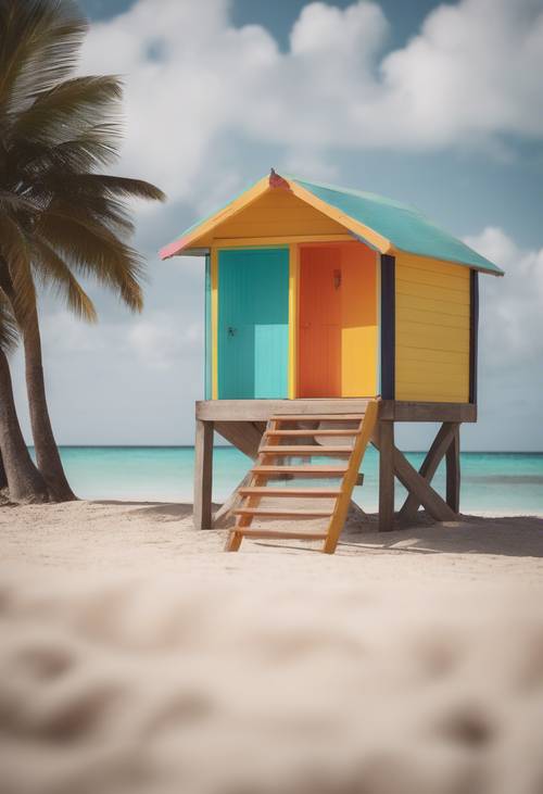 A brightly coloured beach hut on the sands of a Caribbean beach.