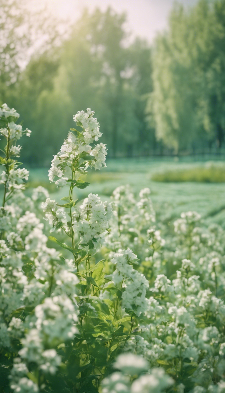 A serene mint green landscape during springtime, with blooming flowers in the foreground. Валлпапер[e11c876ae53947269562]