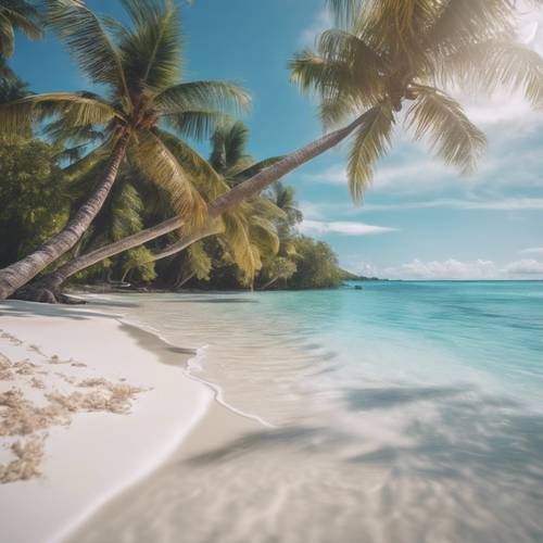 Pantai surga dengan pasir putih bersih, pohon palem bergoyang, dan air jernih