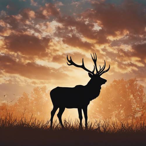 Profound art of a stag standing majestically, silhouetted against the sunset painted autumn sky.