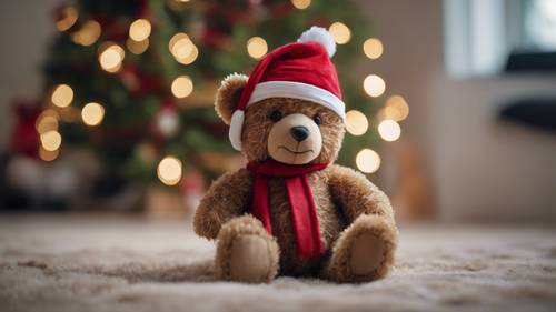 Плюшевый мишка в красной рождественской шапке сидит рядом с елкой.