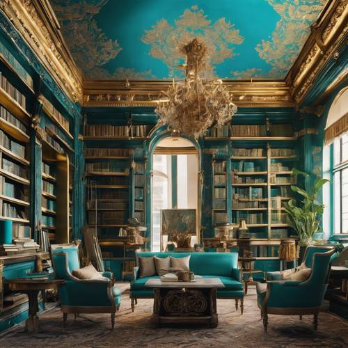 Un&#39;opulenta carta da parati damascata moderna turchese e oro vivido in una biblioteca dal soffitto alto piena di libri antichi.
