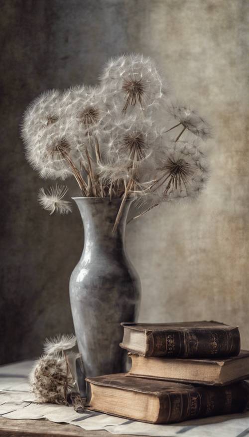 Pintura vintage de natureza morta de um vaso cheio de dentes-de-leão cinzentos e cinzentos situados ao lado de um livro antigo.