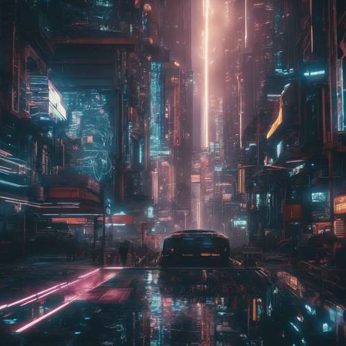 Une scène inspirée du cyberpunk mettant en scène un problème sombre déformant la réalité dans un paysage futur urbanisé.