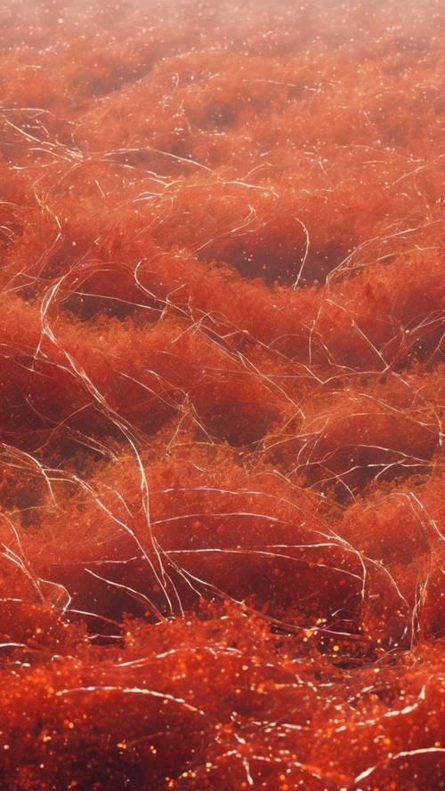 A tangled field of red and orange particles, gracefully merging at their edges to create a seamless abstract pattern.