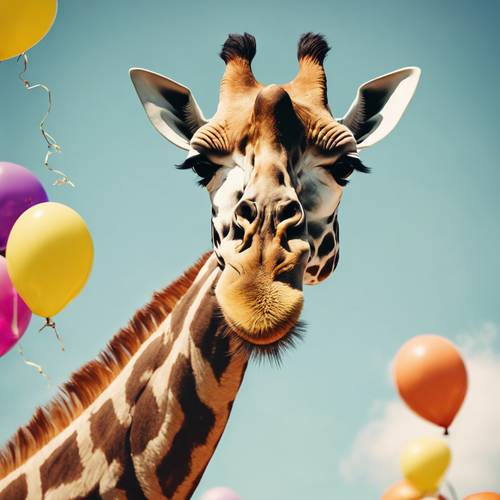 A surreal image of a giraffe soaring through the sky on colourful helium balloons.