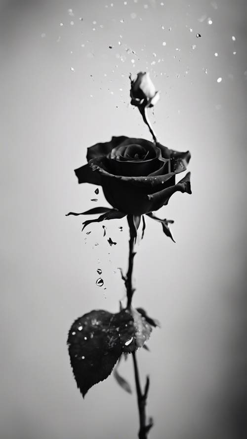 Một cánh hoa rơi từ bông hồng trắng đen đang héo, tượng trưng cho sự ngắn ngủi của cuộc sống.