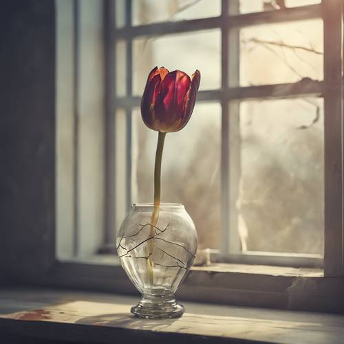 Một bông hoa tulip đơn độc, héo úa trong chiếc bình nứt nẻ.