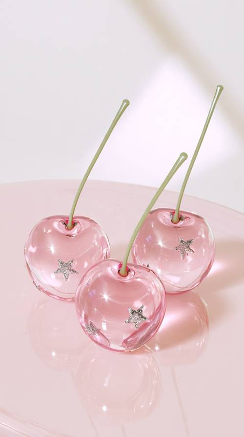 Três cerejas de vidro rosa com estrelas brilhantes
