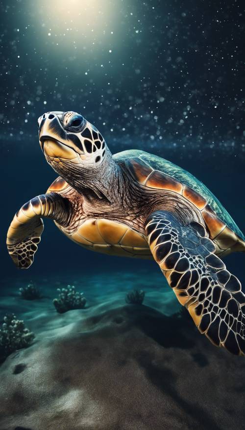 Uma tartaruga marinha de aparência antiga nadando silenciosamente sob um céu estrelado refletido no mar iluminado pela lua.
