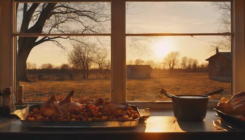 Ein Blick auf den Sonnenuntergang aus dem Fenster eines Bauernhauses, der lange Herbstschatten ins Innere wirft, während im Ofen ein Thanksgiving-Truthahn brät.