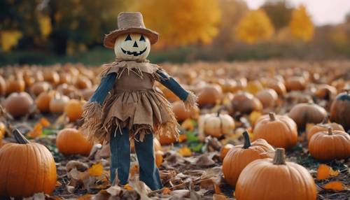 Autumn leaves falling gently on a scarecrow standing alone in a pumpkin patch during Halloween.