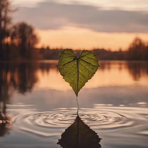 Ein zartes Blatt in der Form eines adretten Herzens, das bei Sonnenuntergang auf einem ruhigen See schwimmt.