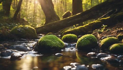 Кристально чистый ручей, текущий по полированным камням, отражает утреннее солнце в спокойном лесу.