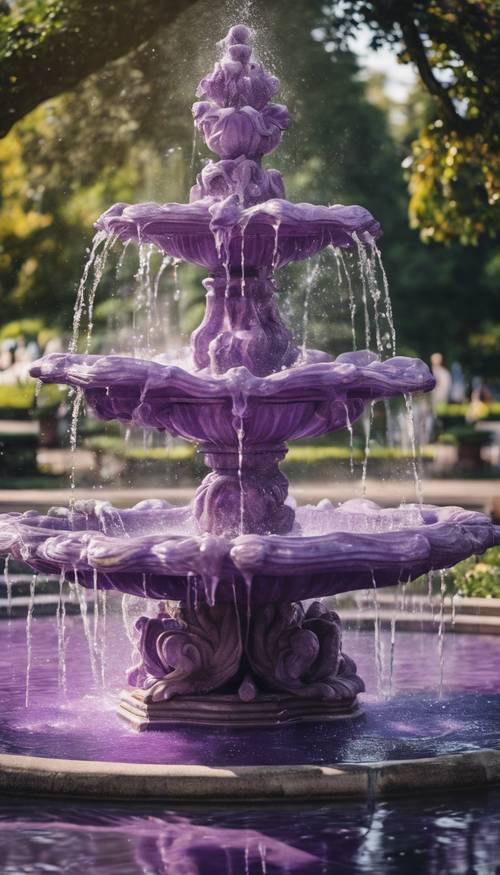Fuente de mármol púrpura con agua que brota en un exuberante parque.
