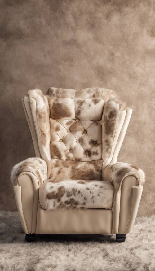 Un fauteuil chaleureux et douillet recouvert d&#39;un imprimé cuir de vache beige.