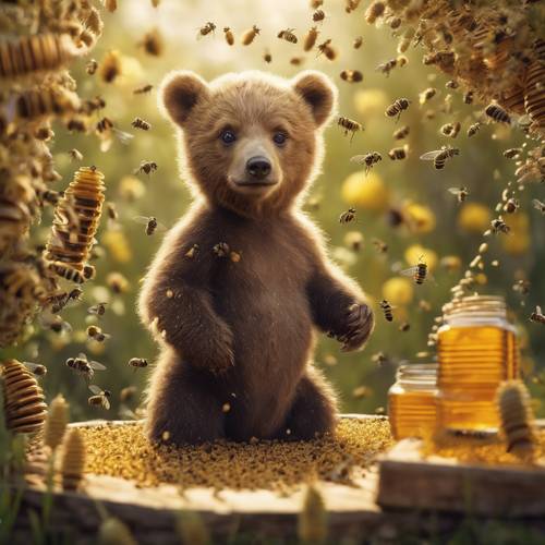 A curious bear cub exploring a honey hive, surrounded by fluttering bees.