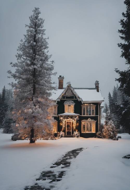 Casa ancestral coberta de neve, com fumaça saindo da chaminé e uma árvore de Natal decorada do lado de fora.