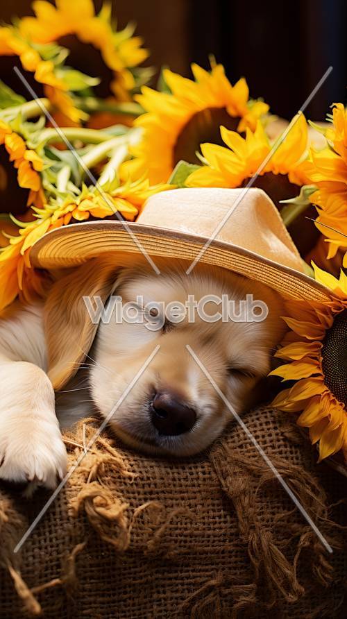 Sleeping Puppy Surrounded by Sunflowers