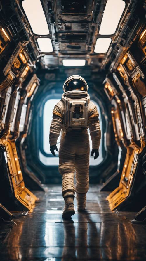 一名宇航员身着未来派太空服探索一艘废弃的宇宙飞船，头盔照亮了黑暗的走廊。