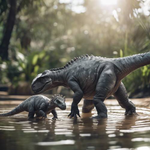 A mother gray dinosaur tenderly bathing her baby in a shallow pool.