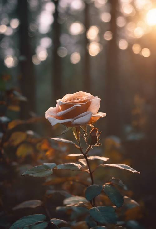 Eine frisch erblühte braune Rose fängt in einem stillen Wald das erste Licht der Dämmerung ein.