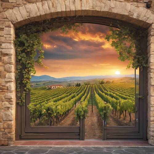 Sebuah mural lanskap kebun anggur yang bergulir di Tuscany saat matahari terbenam di depan toko anggur.