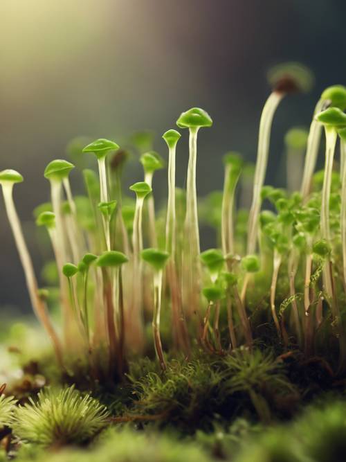A closeup of sporophytes rising from a carpet of moss. Tapet [bdc9033fe3ad4ec384df]